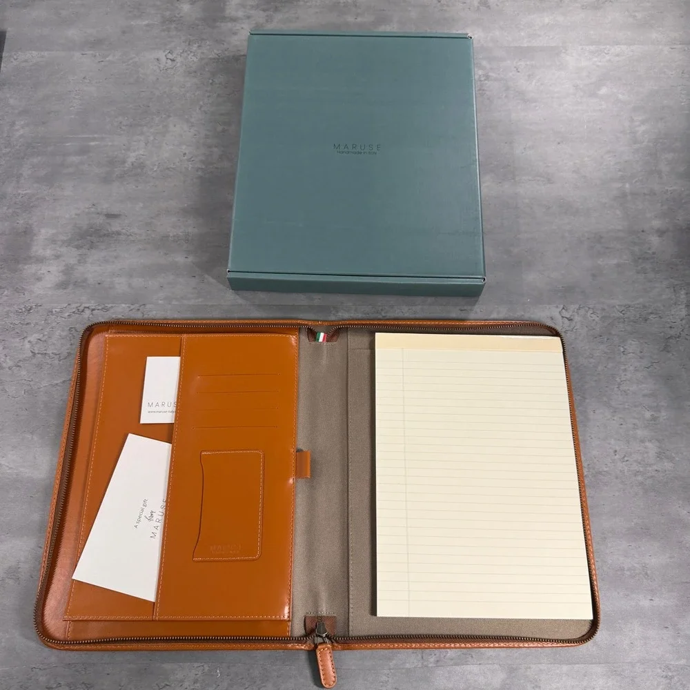 Maruse Leather Portfolio Handmade Italy Cognac Zippered Honey Brown Notepad